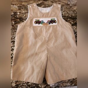 Beige Gingham Smocked Tractor Shortall for Kids